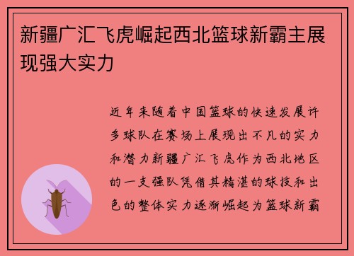 新疆广汇飞虎崛起西北篮球新霸主展现强大实力