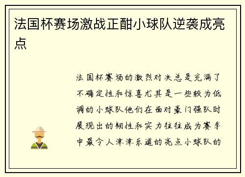 法国杯赛场激战正酣小球队逆袭成亮点